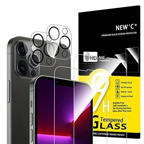 NEW'C 4 Stück, 2 x Panzer Schutz Glas für iPhone 13 Pro und 2 x Kamera Panzer Schutz Glas für Kameraschutz - kratzfest - keine Luftblasen - extrem widerstandsfähig - 9H-Härteglas von NEW'C