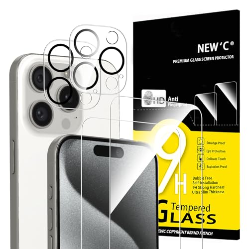 NEW'C 4 Stück, 2 x Panzer Schutz Glas für iPhone 15 Pro (6,1") und 2 x Kamera Panzer Schutz Glas Kameraschutz für iPhone 15 Pro (6,1") von NEW'C