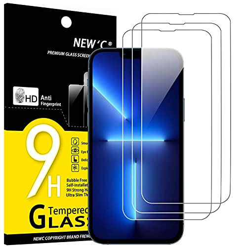 NEW'C Displayschutzfolie aus Hartglas für iPhone 14, 13, 13 Pro (6,1 Zoll), ohne Luftblasen, extrem robust (0,33 mm HD, ultra-transparent), Härtegrad 9H, 3 Stück von NEW'C