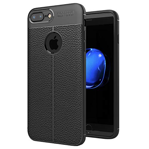 NEW'C Hülle Kompatibel mit iPhone 7 Plus (5,5 Zoll) in Schwarz mit Aufprallschutz und Ledereffekt (Silikon Gel TPU, Flexibel) Handyhülle von NEW'C