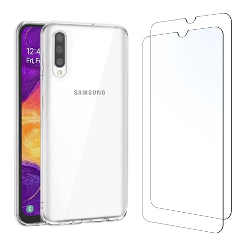 NEW'C Hülle für Samsung Galaxy A50 - Ultra Transparent Silikon Weiches TPU Gel und 2 × Panzer Schutz Glas für Samsung Galaxy A50 - Anti Scratch von NEW'C