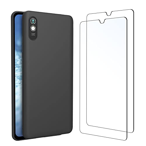 NEW'C Hülle für Xiaomi Redmi 9A - Ultra Thin Silikon Schwarz und 2 × Panzer Schutz Glas für Xiaomi Redmi 9A - Anti Scratch von NEW'C