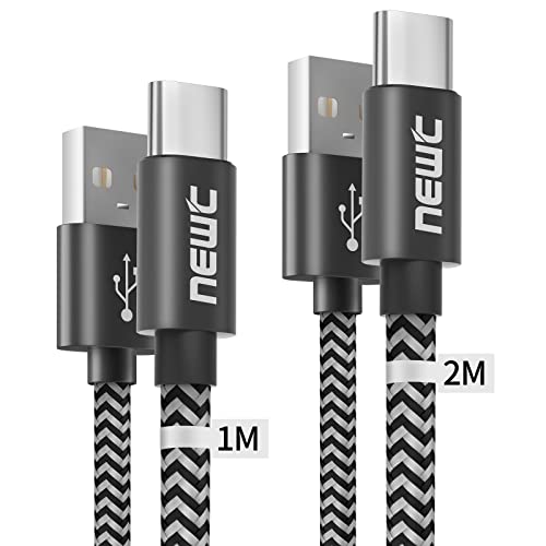 USB-Kabel C [2 Stück, 1 M+2 M] geflochten schwarz aus Nylon für Samsung Galaxy S8/S9/S10/S21/S22/S22 Plus, Huawei, Xiaomi, Honor, Nokia, OnePlus, Schnellladegerät von NEW'C