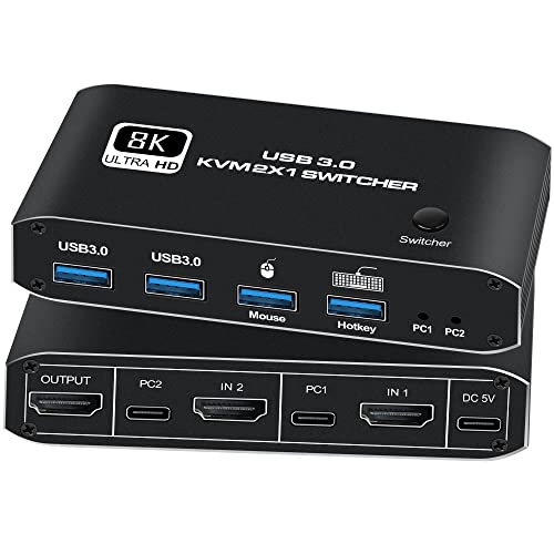 HDMI KVM Switch 8K 60Hz,KVM Switch 2x1 HDMI2.1 Ports + 4X USB 3.0 KVM Ports,Share 2 Computers one Monitor with one Keyboard Mouse,Supports 4K 120Hz,YUV 4:4:4, HDCP 2.3, HDR 10,Hotkey von NEWCARE