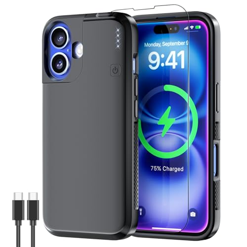 NEWDERY 5000 mAh Akkugehäuse für iPhone 16, CarPlay, kabelgebundenes Headset, Sync-Daten Werden unterstützt, tragbar Wiederaufladbares Ladegerät-Ladecase für iPhone 16 6,1" Schwarz von NEWDERY