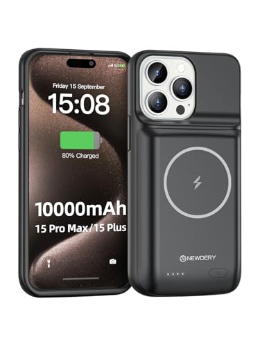 NEWDERY Akku Hülle für iPhone 15 Pro Max/iPhone 15 Plus, 10000mAh USB C Batteriefach Qi Wireless Charging Case, tragbare wiederaufladbare Extended Ladegerät Akku Pack - (6.7") (Schwarz) von NEWDERY