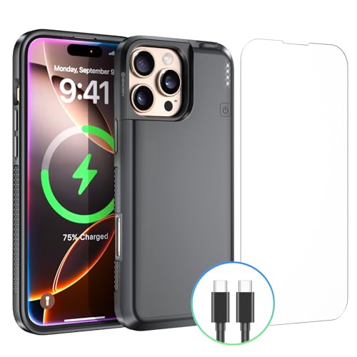 NEWDERY Akkugehäuse für iPhone 16 Pro 5000 mAh, CarPlay, kabelgebundenes Headset, Sync-Daten Werden unterstützt, tragbares wiederaufladbares Ladegehäuse für iPhone 16 Pro 6,3 Zoll, Schwarz von NEWDERY