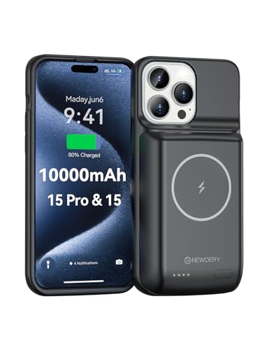 NEWDERY Akkuhülle für iPhone 15 Pro/iPhone 15, 10000mAh USB C Batteriefach Qi Wireless Charging Case, tragbare wiederaufladbare Extended Ladegerät Akku Pack Powerbank- (6.1") (Schwarz) von NEWDERY