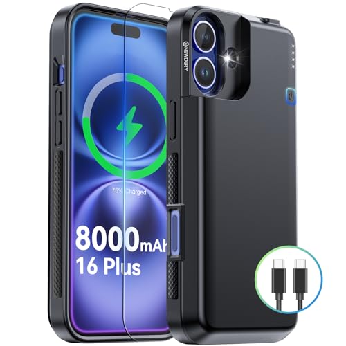 NEWDERY Upgraded Akkugehäuse für iPhone 16 Plus, 8000 mAh USB C tragbare Powerbank, CarPlay, Sync-Daten Werden unterstützt, wiederaufladbares Ladegehäuse für iPhone 16 Plus 6,7 Zoll, Schwarz von NEWDERY