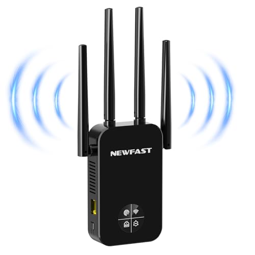 NEWFAST 2025 Neuestes WLAN Verstärker,1200 Mbit/s Dualband WiFi Repeater mit WPS, 4*Schwenkbare Antenne,Ethernet-Port,WiFi Internet Verstärker Kompatibel Allen WLAN Geräten von NEWFAST