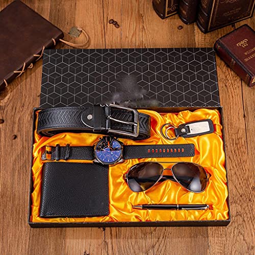 NEWNAN 6 Stück/Set Herren-Geschenkset, großes Zifferblatt, Quarzuhr, Brille, Ledergürtel, Geldbörse, Schlüsselanhänger, Stift, Boutique-Geschenkset, Box für Herren (Farbe: Blau) von NEWNAN