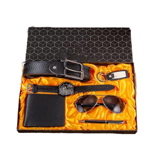 NEWNAN 6 Stück/Set Herren-Geschenkset, großes Zifferblatt, Quarzuhr, Brille, Ledergürtel, Geldbörse, Schlüsselanhänger, Stift, Boutique-Geschenkset, Box für Herren (Farbe: D) von NEWNAN