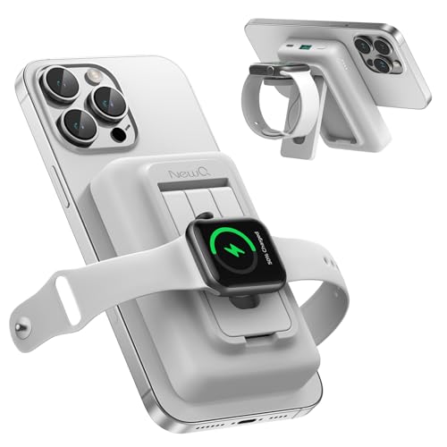 NEWQ Magnetische Powerbank, 10000mAh PD 18W Wireless Power Bank mit Ständer, Akkupack für iPhone 15/14/13/12 Serie, iWatch Ultra/9/8/7/6/5/4 (Weiß) von NEWQ