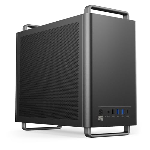 NEWWAY - 2025 Neu - NC1 PC-Gehäuse Mini Tower tragbar – kompatibel mit Mini-ITX,ITX,Micro-ATX – Typ C USB – 1 x Lüfter inklusive 9 mm 3 Pin Molex – Metallwand Mesh (schwarz) von NEWWAY