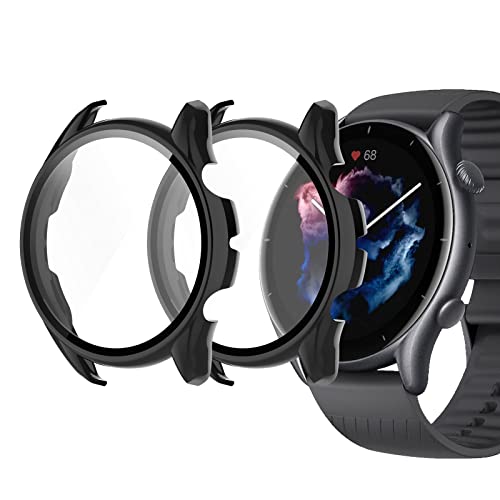 NEWZEROL 2 Stück Hülle Kompatibel für Amazfit Smartwatch GTR 3/ GTR 3 Pro, PC-Schutzrahmen + Display Glasschutz Schutzhülle für Amazfit Smartwatch GTR 3/ GTR 3 Pro - Schwarz von NEWZEROL