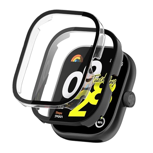 NEWZEROL 2 Stück Schutzhüllen Kompatibel für Xiaomi Redmi Watch 4, PC-Schutzrahmen + Displayschutzfolie aus Gehärtetem Glas für Xiaomi Redmi Watch 4 – Schwarz/Transparent von NEWZEROL