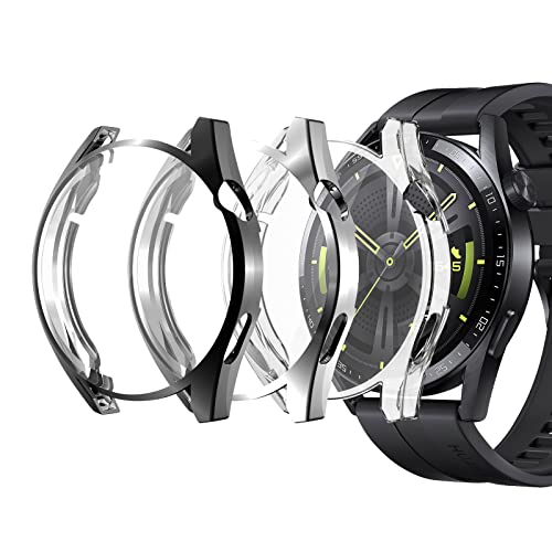 NEWZEROL 3 ​​Stück Hülle Kompatibel für Huawei Watch GT 3 46mm, Vollständige Abdeckung Schutzhülle Anti-Kratz Weiche TPU-Stoßfänger Hülle für Huawei Watch GT 3 46mm - Transparent/Schwarz/Silber von NEWZEROL