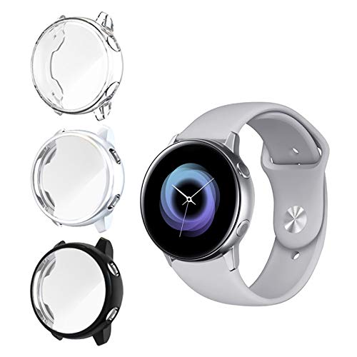 NEWZEROL 3 Stücke Gehäuse Kompatibel für Samsung Galaxy Watch Active (Erschienen 2019) mit TPU Displayschutzfolie, Hochleistungs-TPU HD-Anti-Kratz-Schutzhülle -klar, Schwarz,Silber von NEWZEROL