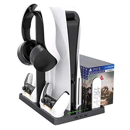 NEWZEROL Konsolenständer kompatible für PS5 mit Lüfter und Ladestation für PS5-Controller, Playstation 5 Kühlständer Vertikaler Headset-Halter, mit 15 Game-Disc-Speicher - Schwarz von NEWZEROL