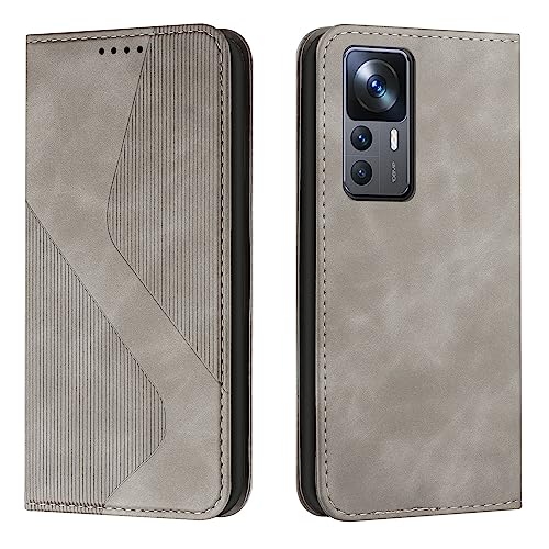 NEXCURIO Handy Hülle für Xiaomi 12T / 12T Pro Handyhülle mit Kartenfäch Klapphülle Klappbar Schutzhülle Leder Flip Wallet Case Cover Tasche Handytasche Stoßfeste - Grau von NEXCURIO