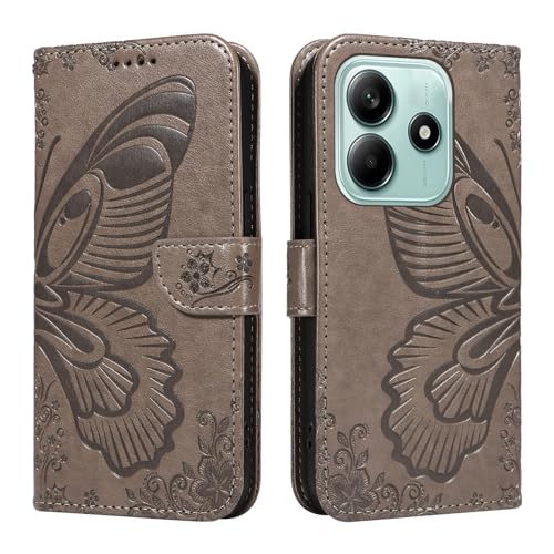 NEXCURIO Handyhülle für Xiaomi Redmi Note 14 5G Hülle Klappbar Schmetterling mit Kartenfäch Klapphülle Leder Schutzhülle Wallet Flip Case Cover Handy Tasche Handytasche - Grau von NEXCURIO