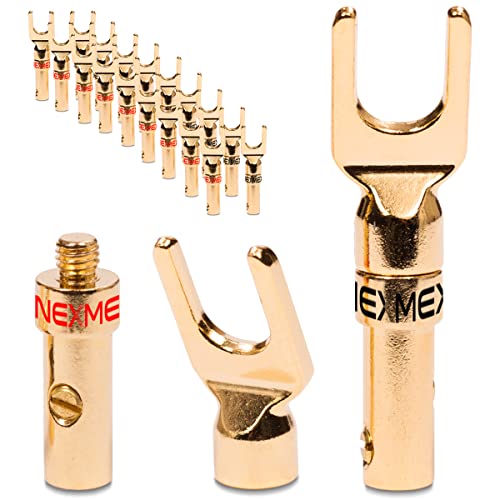 20x Kabelschuhe NEXMEX High End Stecker für Lautsprecherkabel Gabelschuhe Steckverbinder für Kabel bis 6mm² 24K vergoldet löt- oder schraubbar Flexibler Anschluss für HiFi-Boxen Verstärker Endstufen von NEXMEX