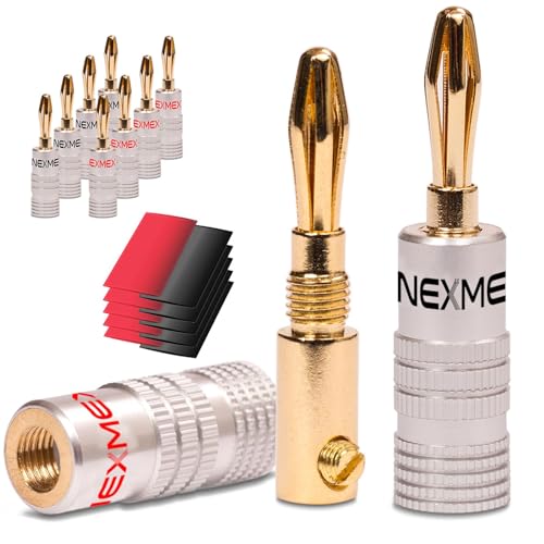 NEXMEX Bananenstecker mit Schrumpfschlauch - 10 Stück Stecker als Set - Steckverbinder 24K vergoldet für Lautsprecherkabel - für HiFi Receiver Verstärker von NEXMEX