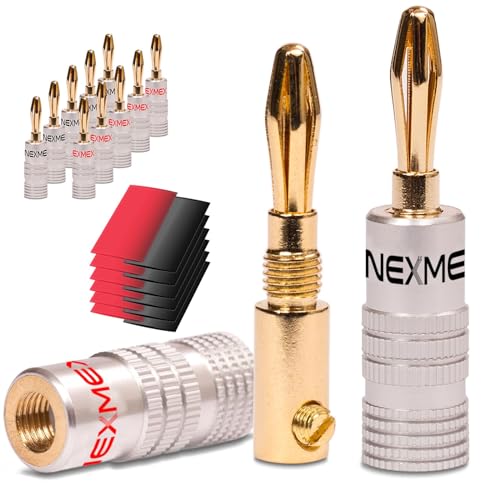 NEXMEX Bananenstecker mit Schrumpfschlauch - 12 Stück Stecker als Set - Steckverbinder 24K vergoldet für Lautsprecherkabel - für HiFi Receiver Verstärker von NEXMEX