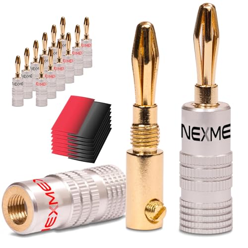 NEXMEX Bananenstecker mit Schrumpfschlauch - 14 Stück Stecker als Set - Steckverbinder 24K vergoldet für Lautsprecherkabel - für HiFi Receiver Verstärker von NEXMEX