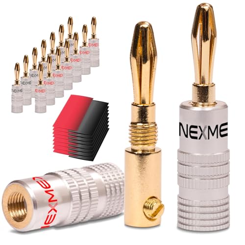 NEXMEX Bananenstecker mit Schrumpfschlauch - 16 Stück Stecker als Set - Steckverbinder 24K vergoldet für Lautsprecherkabel - für HiFi Receiver Verstärker von NEXMEX