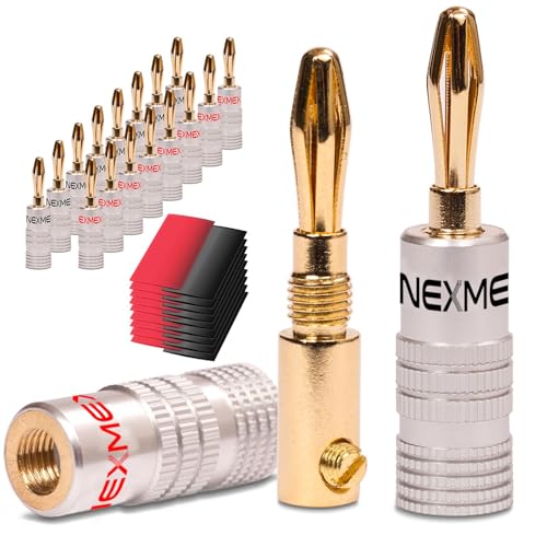 NEXMEX Bananenstecker mit Schrumpfschlauch - 18 Stück Stecker als Set - Steckverbinder 24K vergoldet für Lautsprecherkabel - für HiFi Receiver Verstärker von NEXMEX