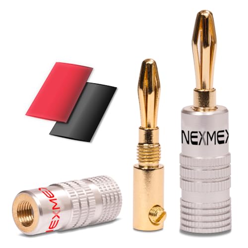 NEXMEX Bananenstecker mit Schrumpfschlauch - 2 Stück Stecker als Set - Steckverbinder 24K vergoldet für Lautsprecherkabel - für HiFi Receiver Verstärker von NEXMEX