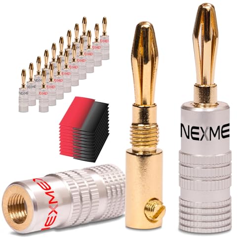 NEXMEX Bananenstecker mit Schrumpfschlauch - 20 Stück Stecker als Set - Steckverbinder 24K vergoldet für Lautsprecherkabel - für HiFi Receiver Verstärker von NEXMEX