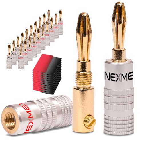 NEXMEX Bananenstecker mit Schrumpfschlauch - 22 Stück Stecker als Set - Steckverbinder 24K vergoldet für Lautsprecherkabel - für HiFi Receiver Verstärker von NEXMEX
