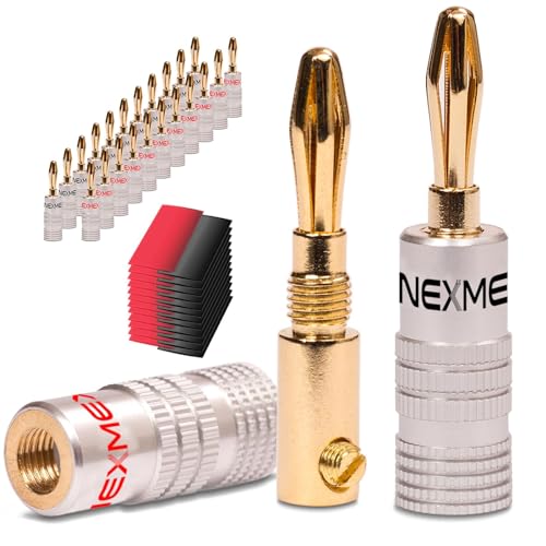 NEXMEX Bananenstecker mit Schrumpfschlauch - 24 Stück Stecker als Set - Steckverbinder 24K vergoldet für Lautsprecherkabel - für HiFi Receiver Verstärker von NEXMEX