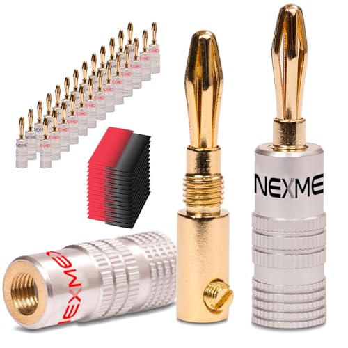 NEXMEX Bananenstecker mit Schrumpfschlauch - 28 Stück Stecker als Set - Steckverbinder 24K vergoldet für Lautsprecherkabel - für HiFi Receiver Verstärker von NEXMEX