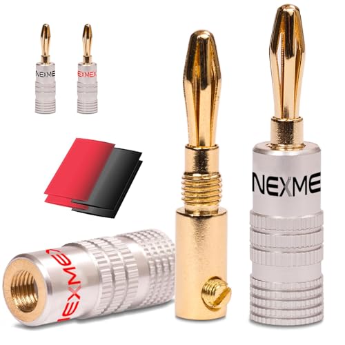 NEXMEX Bananenstecker mit Schrumpfschlauch - 4 Stück Stecker als Set - Steckverbinder 24K vergoldet für Lautsprecherkabel - für HiFi Receiver Verstärker von NEXMEX