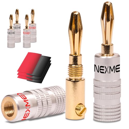 NEXMEX Bananenstecker mit Schrumpfschlauch - 6 Stück Stecker als Set - Steckverbinder 24K vergoldet für Lautsprecherkabel - für HiFi Receiver Verstärker von NEXMEX