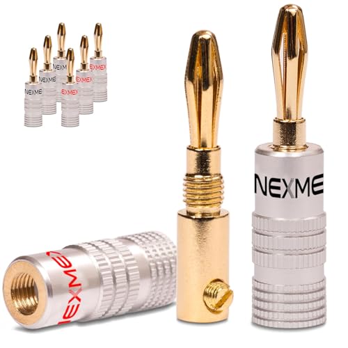 NEXMEX High End Bananenstecker 24K vergoldet 8 Stück (4-Paar) Banana-Stecker Steckverbinder für Kabel bis 6mm² löt- oder schraubbar für Lautsprecherkabel 8 AWG - 16 AWG von NEXMEX