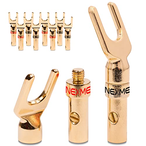 NEXMEX High End Kabelschuhe 10 Stück (5-Paar) Gabelschuhe Y-Anschluss für Kabel bis 6mm² 24K vergoldet löt- oder schraubbar für Lautsprecherkabel HiFi-Boxen Verstärker Endstufen Steckverbinder von NEXMEX