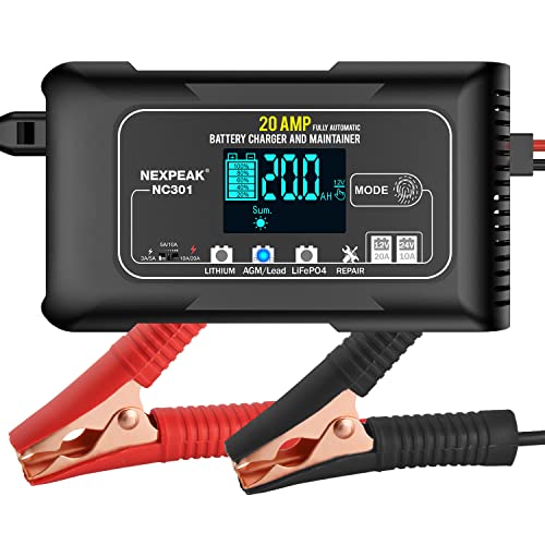 20A Autobatterieladegerät, 12 V und 24 V Intelligentes vollautomatisches Batterieladegerät Erhaltungsladegerät mit Temperaturkompensation für Auto LKW Boot Blei Säure Lithium LiFePO4 Batterien von NEXPEAK