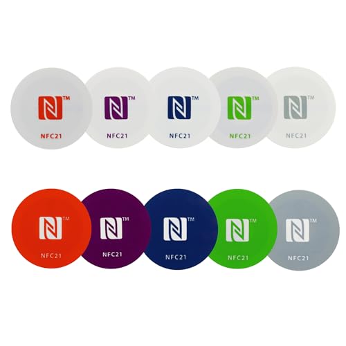 NFC Starter Set, 10 Bunte NFC Sticker (5x NTAG 213, 5x NTAG 215), 30mm, Rund, PET, ideal für Kontaktdaten, Smart Home Automatisierung, Starten von Apps, NFC Aufkleber von NFC21