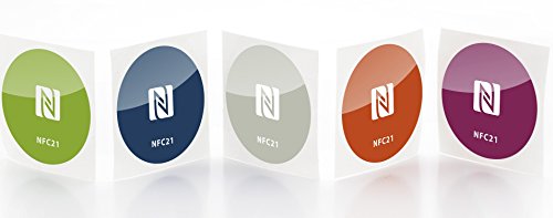 NFC Sticker NTAG 216 Tags 30mm Aufkleber aus PET, 5 Stück, bunt, 868 Byte NDEF Speicher, kompatibel mit Apple iOS HomeKit & Kurzbefehle sowie Android Apps, UID ASCII Mirror Feature, NFC Counter von NFC21
