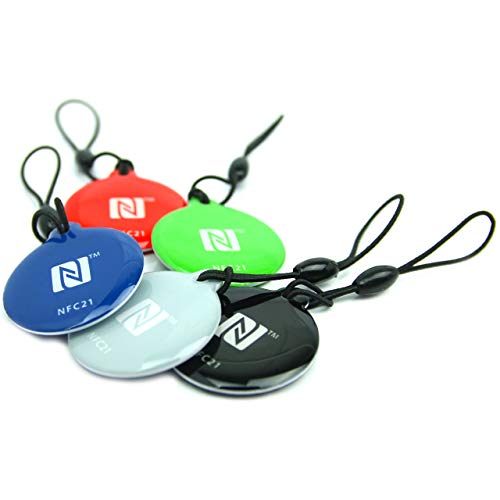 NFC Tag Anhänger Style, NXP Chip Mit 180 Byte, 5 Farben, 5 Stück, 30mm, Optimal für Geräte-/Profilsteuerung (WLAN, Bluetooth, Apps), Kompatibel Mit Allen Smartphones und Tablets von NFC21