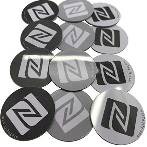 12 x NFC Tags | NXP Chip NTAG213 | 144 Bytes Speicherkapazität | Aufkleber, Rund Disk | 3 Farben Grau, Weiß, Schwarz | Hart-PVC und starker 3M-Kleber | Elegantes Design und Hohe Scankraft von NFCTAGIFY