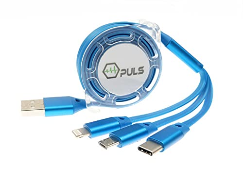 Rollin Multi USB Handy-Ladekabel blau ★ ausziehbar / einziehbar 1,5m rollbar ✓ Ideal für unterwegs im Auto ✓ Multi-Stecker Anschlüsse / Universal-Stecker Kombi / Mehrfach-Stecker ✓ ohne Datenleitung von NG-Mobile