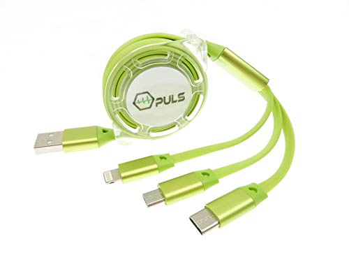 Rollin Multi USB Handy-Ladekabel grün ★ ausziehbar / einziehbar 1,5m rollbar ✓ Ideal für unterwegs im Auto ✓ Multi-Stecker Anschlüsse / Universal-Stecker Kombi / Mehrfach-Stecker ✓ ohne Datenleitung von NG-Mobile