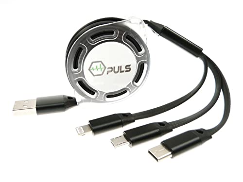 Rollin Multi USB Handy-Ladekabel schwarz ★ ausziehbar einziehbar 1,5m rollbar ✓ Ideal für unterwegs im Auto ✓ Multi-Stecker Anschlüsse / Universal-Stecker Kombi / Mehrfach-Stecker ✓ ohne Datenleitung von NG-Mobile