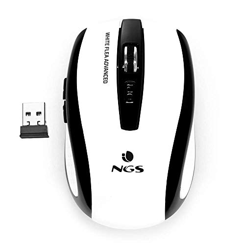 NGS FLEA Advanced White - Kabellose optische Maus, 2.4GHz, USB-Maus für Computer oder Laptop mit 5 Tasten und Scrollfunktion, 800/1600dpi, Weiß & Schwarz von NGS