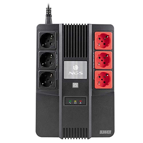 NGS FORTRESSBUNKER - Unterbrechungsfreie Stromversorgung USV, Off Line UPS 600 VA 360W mit integrierter Batterie 12V/7Ah und sechs Schuko-Steckdosen mit Überspannungsschutz von NGS